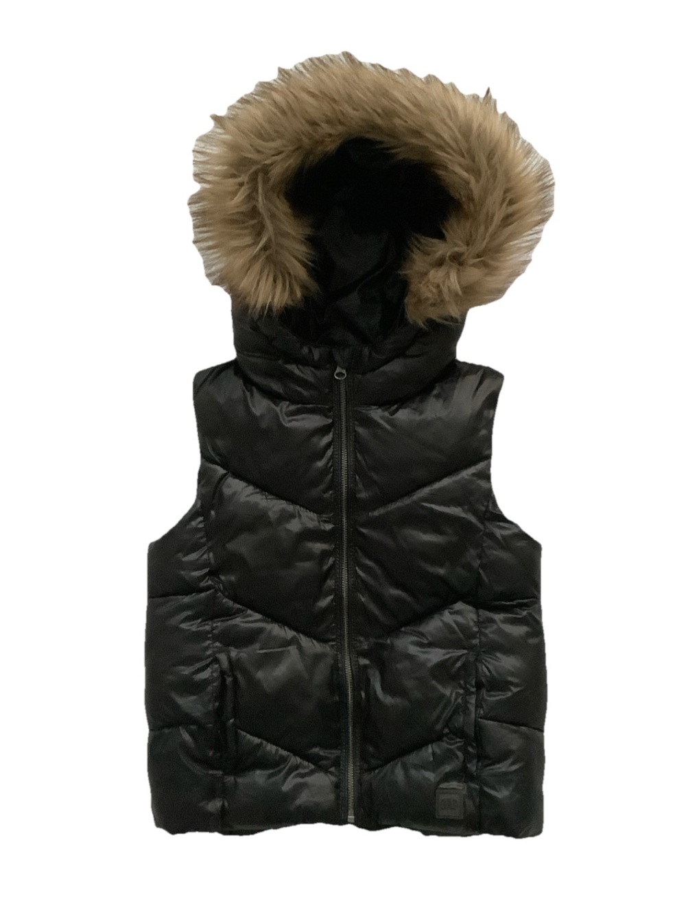 GAP Kids Black Puffer Vest with Faux Fur Tan Hood Trim